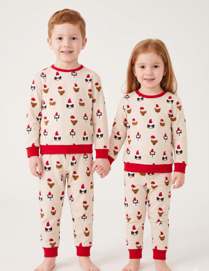 Unisex Beige Red Cotton Printed Full Sleeve Co-ord Sets